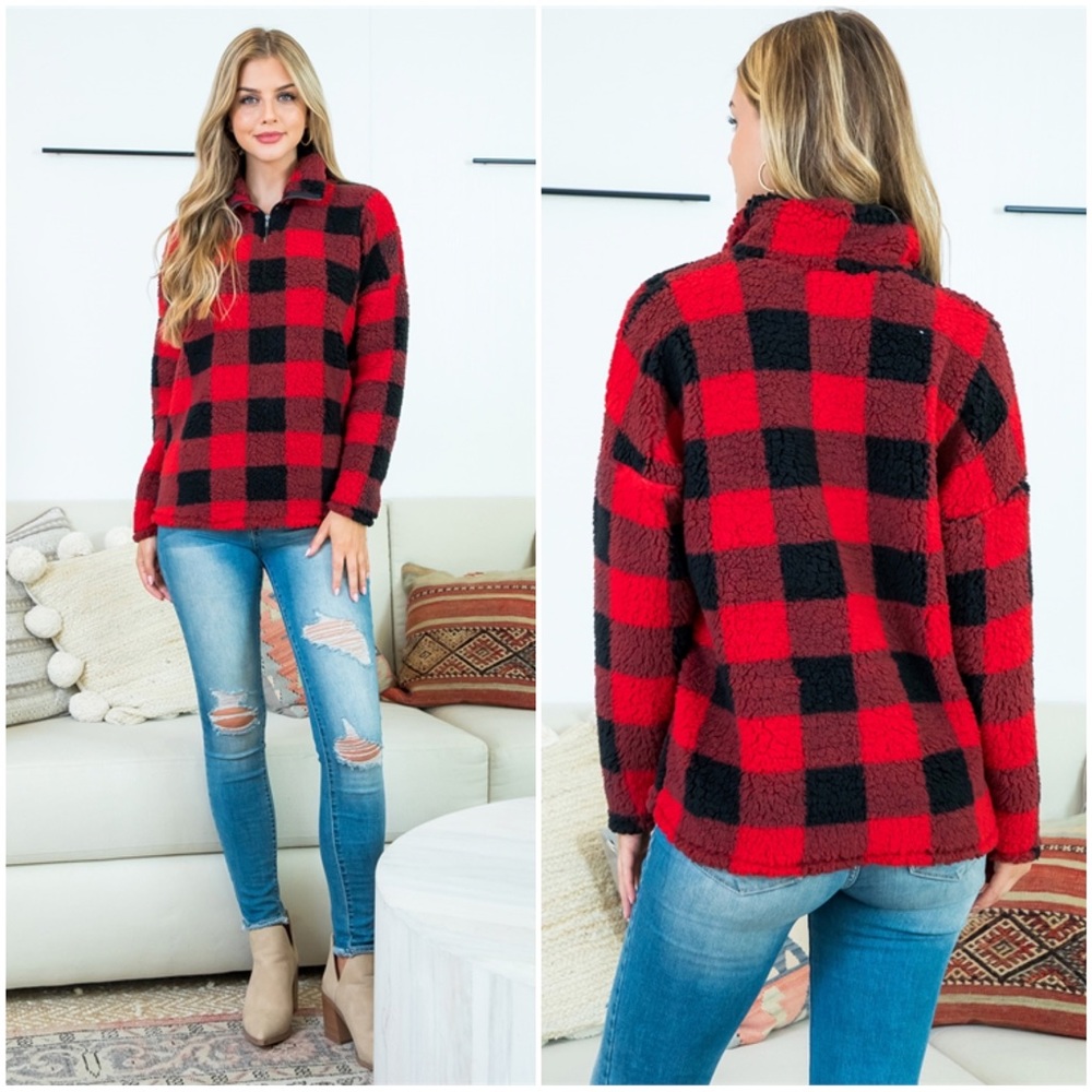 Buffalo Plaid Teddy Half Zip Pullover Jacket - Picture 9 of 9